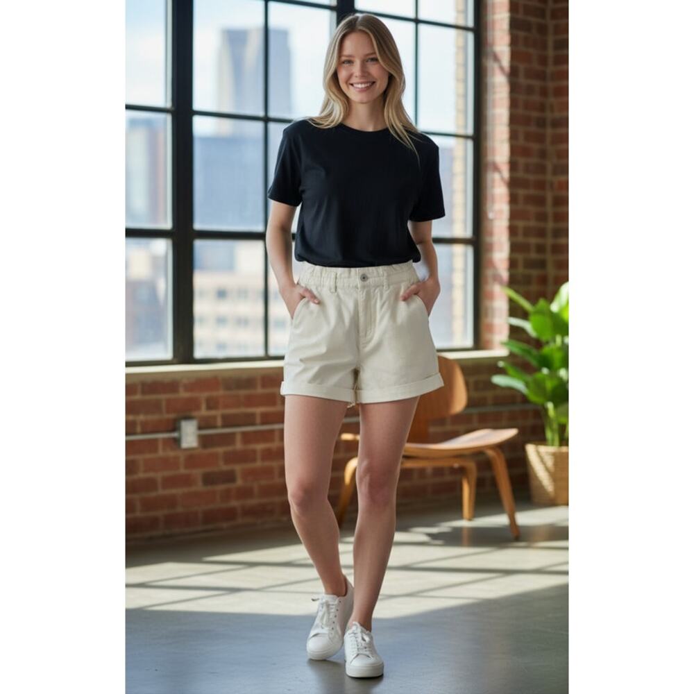 SANCTUARY Shorts Size 33 NEW Elastic Waist Cuffed Short Paperbag Cream Ivory